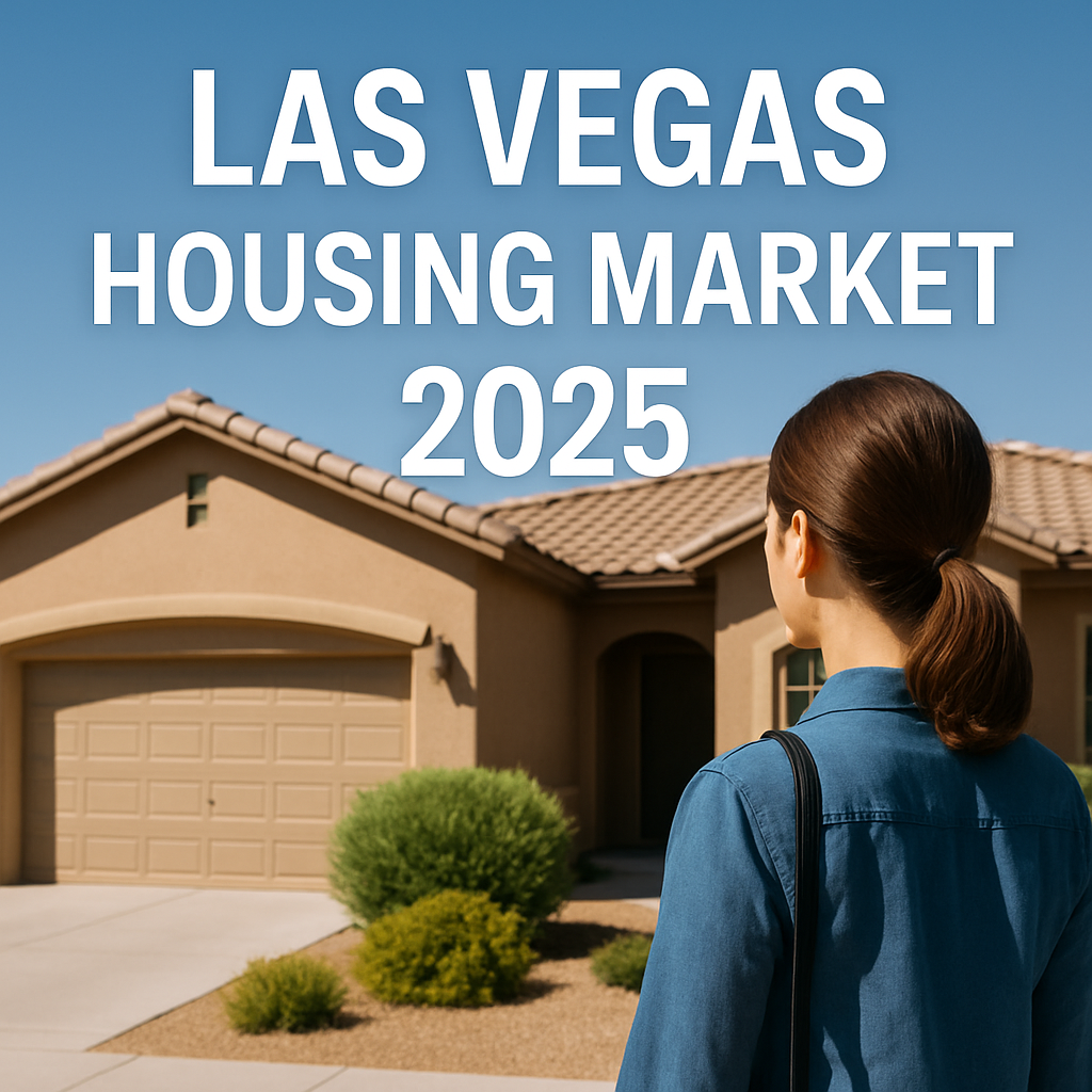 Woman viewing a home in Las Vegas with text asking if now is the right time to buy