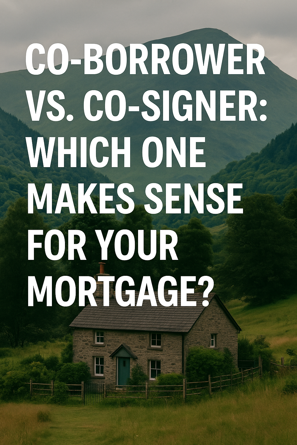 Side-by-side comparison of co-borrower and co-signer responsibilities for a mortgage, displayed over a cottage landscape background