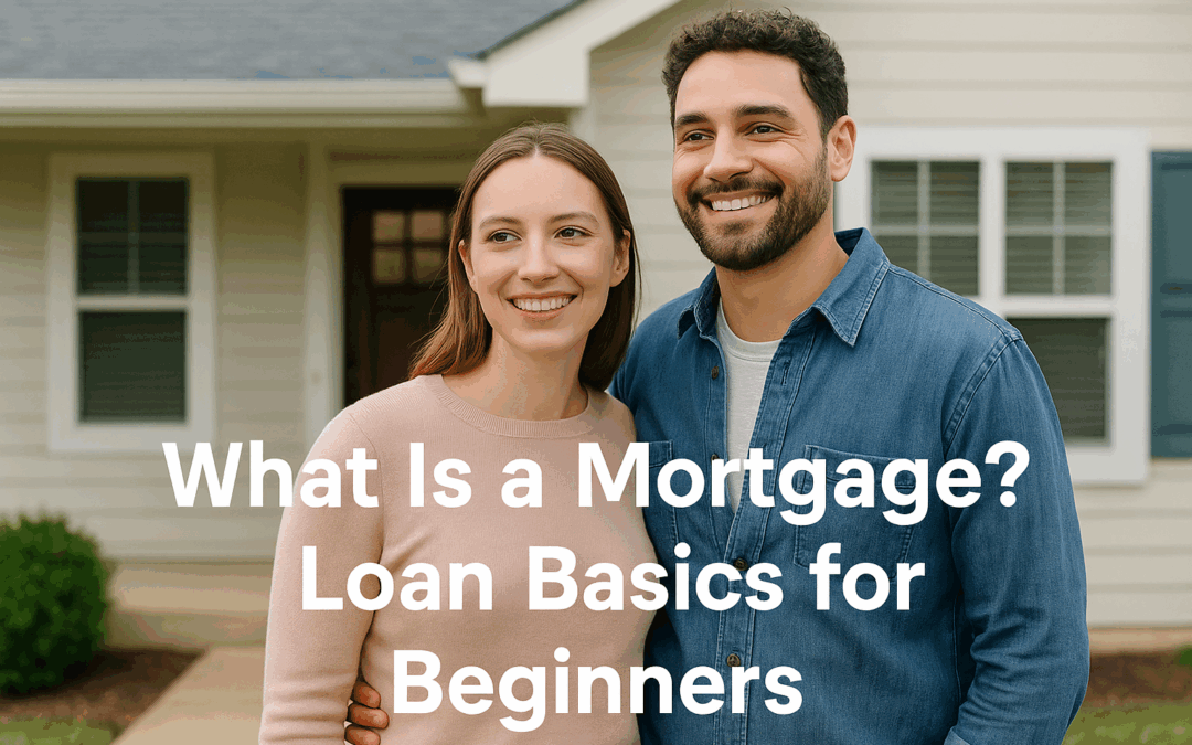 First-time homebuyer reviewing mortgage documents at home with educational overlay