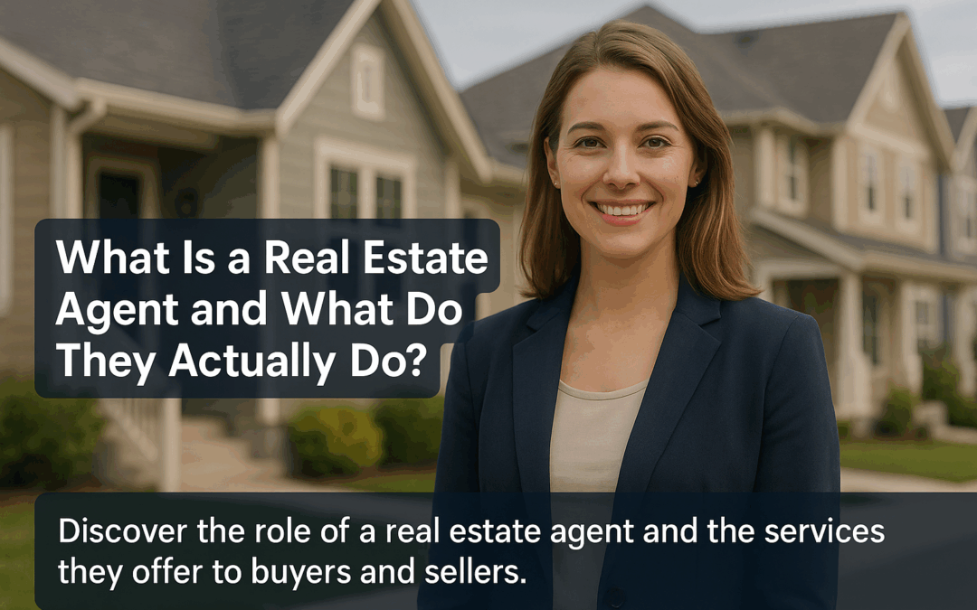 Real estate agent standing in front of suburban homes, smiling confidently in a residential neighborhood