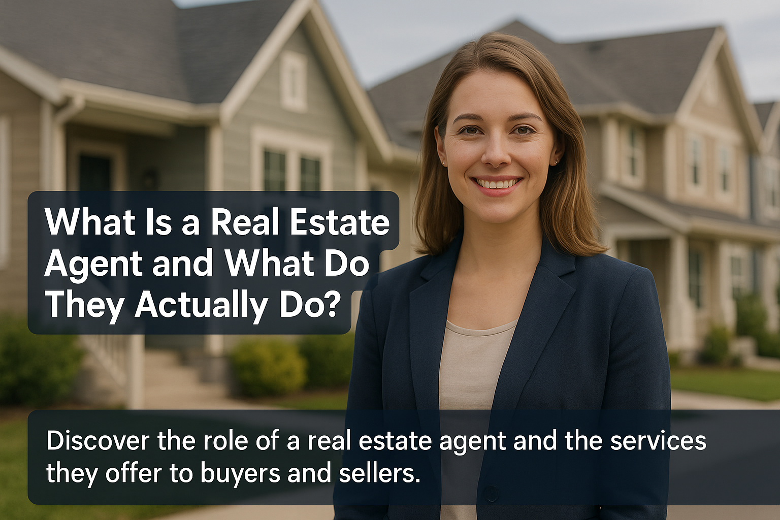 Real estate agent standing in front of suburban homes, smiling confidently in a residential neighborhood